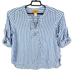 Womens Petite Ruby Rd. Blue & White Striped Blouse Top Rolled Tab Sleeve Size PL